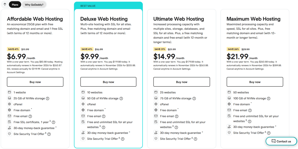 godaddy-web-hosting: Pricing and plans